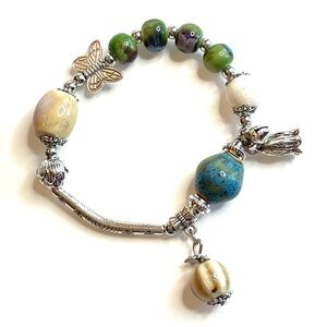 Silver Bracelet Green Tan Blue Brown Lotus Charm Ceramic Beads Stretchy